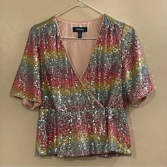 MODCLOTH NWOT Sparkling Spectrums Surplice Peplum Top in Pink - Picture 4 of 9